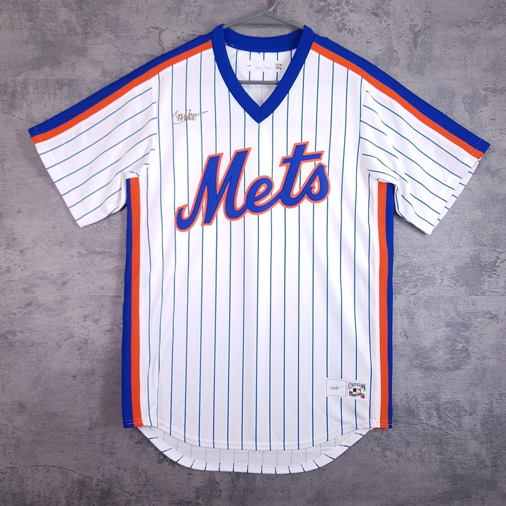 NIKE New York Mets Cooperstown Pinstripe Jersey Mens SMALL White Blue Orange